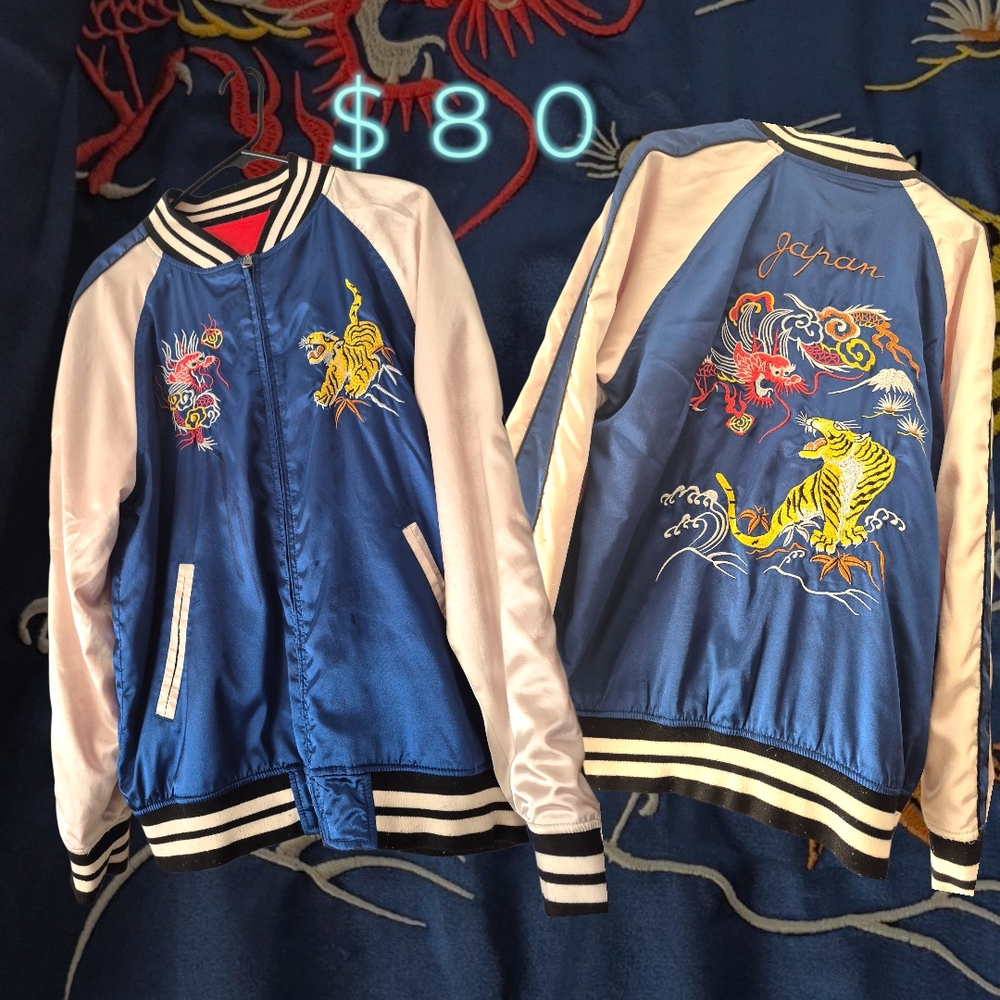 Blue and White Japanese Embroidered Bomber Jacket